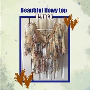 Tan floral print flowy sheer ruffle top